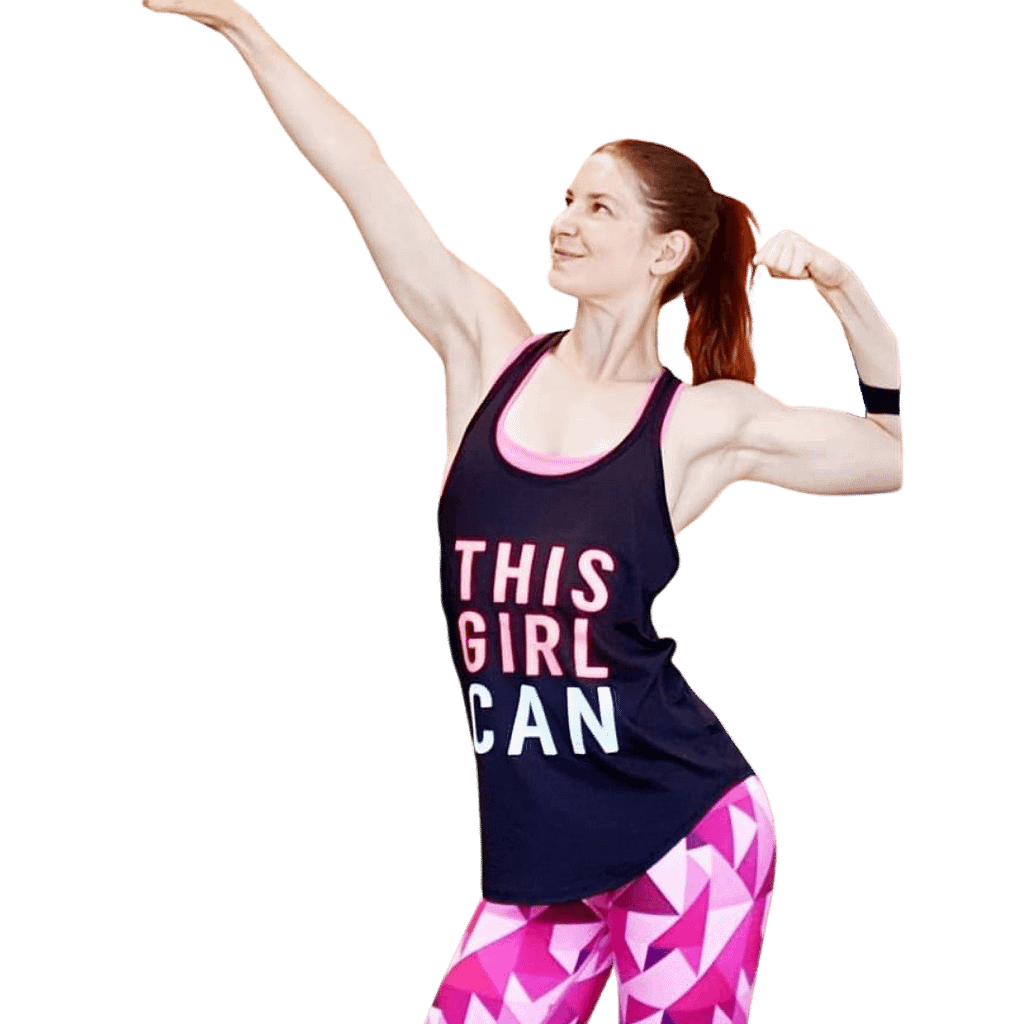 Personal Trainer Smiling while Flexing Bicep and Pointing Upwards